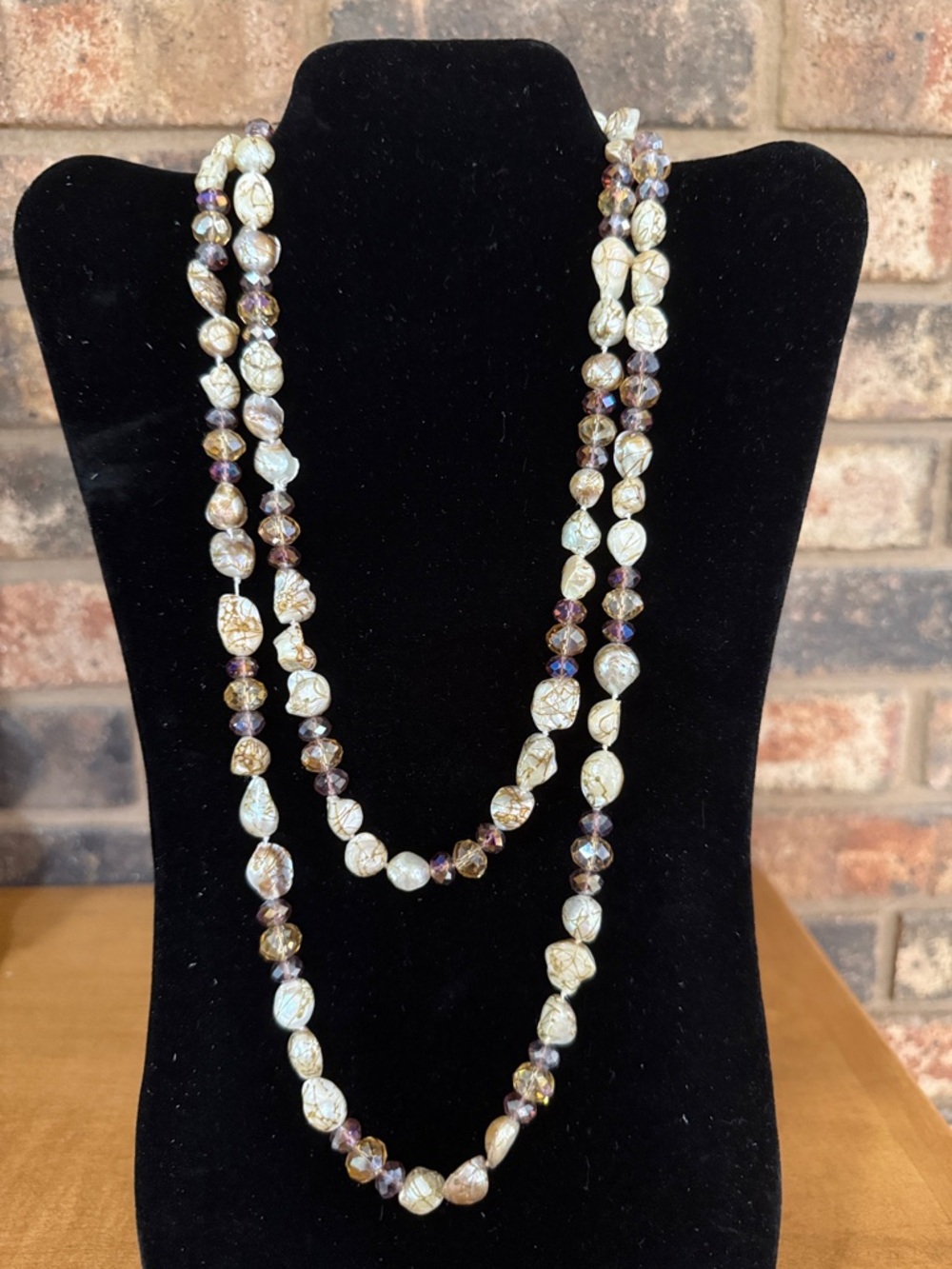 Vintage stone and Aurora Borealis Glass Beaded Necklace 47”